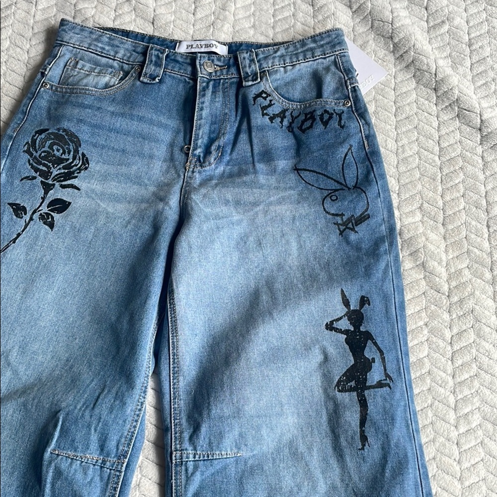 Playboy Women's Blue Graphic Baggy Jeans Sz 9 - Picture 2 of 12